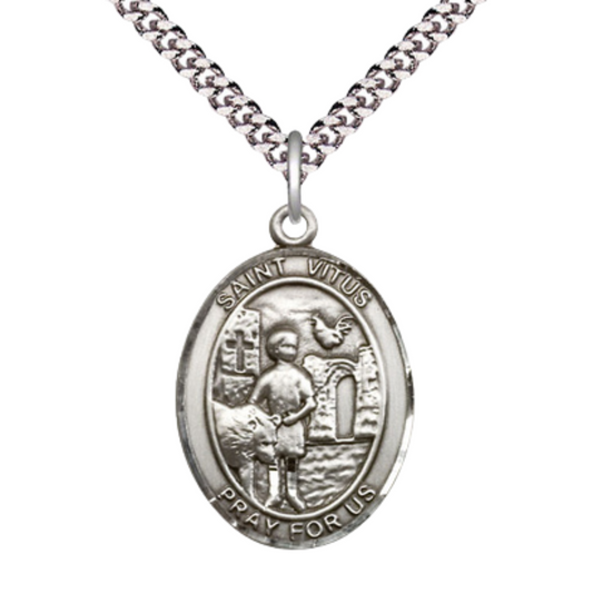 1 x 3/4" Oval Pewter Saint St. Vitus Medal Pendant on 24 inch Rhodium Plated Heavy Curb Brass Chain with Lobster Claw clasp, Catholic Religious Necklace - Made in USA - Deluxe Velvet Gift Box