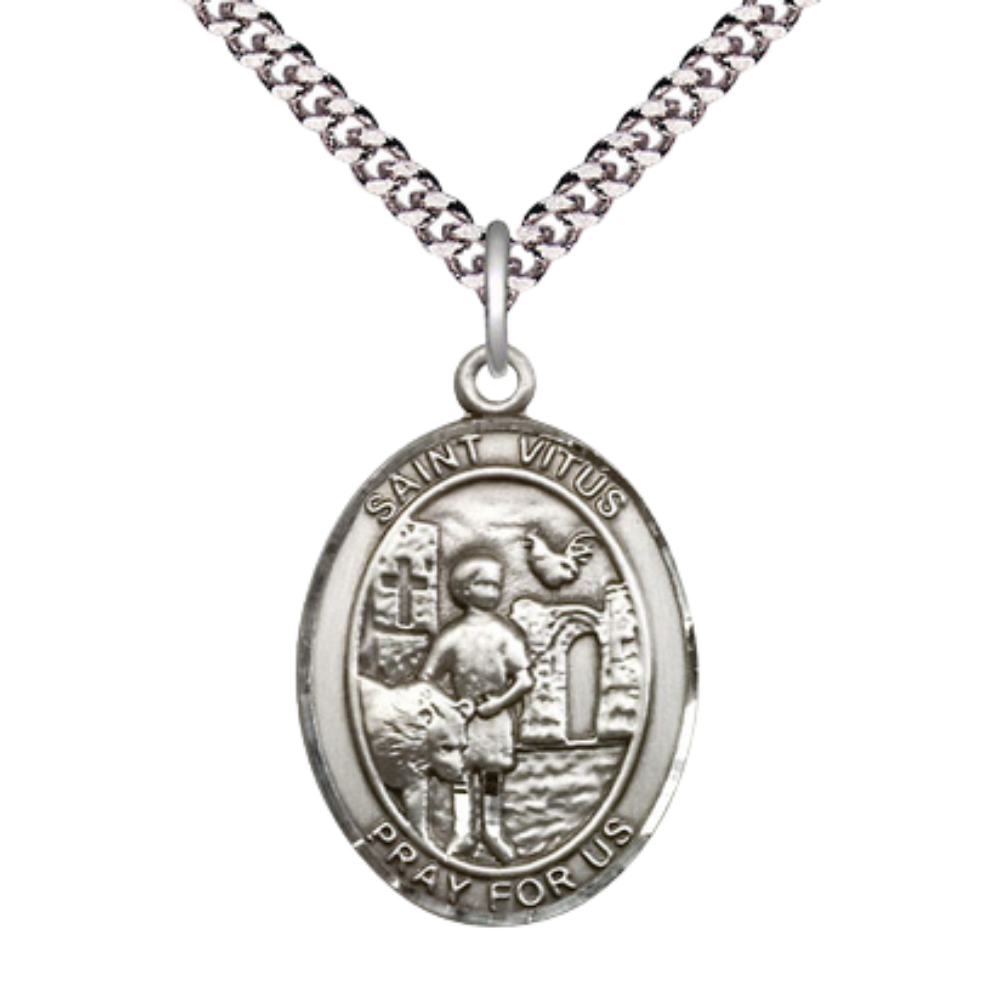 Saint St. Vitus Medal Necklace– Men's Pewter Pendant on 24 Inch Light Rhodium Plated Chain – Catholic Patron Saint St. of Actors & Comedians – Velvet Gift Box Included
