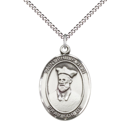 Women's .925 Sterling Silver Saint St. Philip Neri Medal Pendant on 18 Inch Rhodium Plated Lite Curb Brass Chain with Lobster Claw Clasp, Catholic Religious Necklace - Made in USA- Deluxe Velvet Gift Box