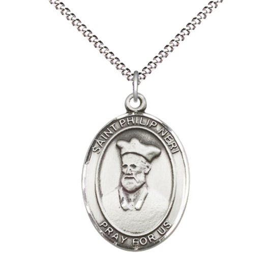 Women's .925 Sterling Silver Saint St. Philip Neri Medal Pendant on 18 Inch Rhodium Plated Lite Curb Brass Chain with Lobster Claw Clasp, Catholic Religious Necklace - Made in USA- Deluxe Velvet Gift Box