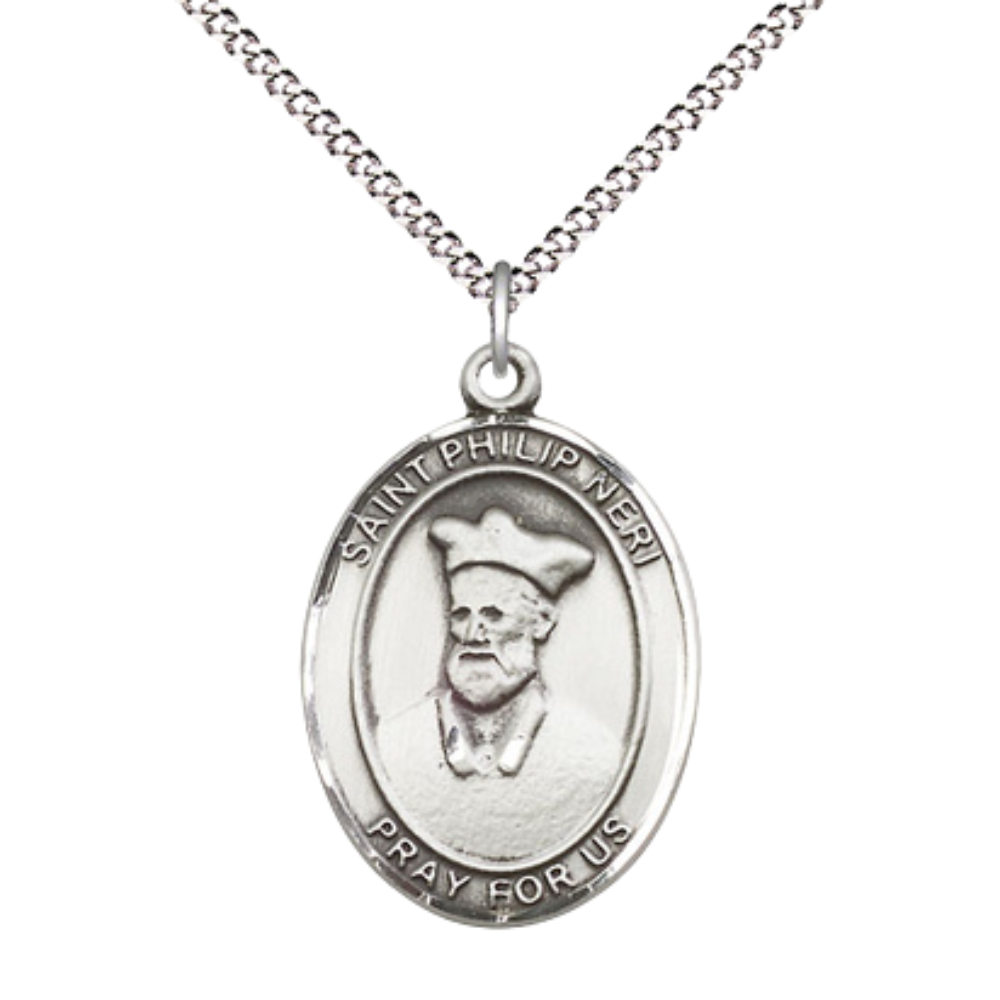Women's Pewter Saint St. Philip Neri Medal Pendant on 18 Inch Rhodium Plated Lite Curb Brass Chain with Lobster Claw Clasp, Catholic Religious Necklace - Made in USA- Deluxe Velvet Gift Box