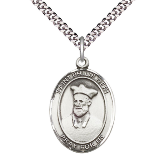 1 x 3/4" Oval Pewter Saint St. Philip Neri Medal Pendant on 24 Inch Rhodium Plated Heavy Curb Brass Chain with Lobster Claw clasp, Catholic Religious Necklace - Made in USA - Deluxe Velvet Gift Box