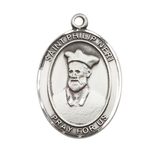 .925 Sterling Silver Saint St. Philip Neri Medal Pendant on 24 Inch Rhodium Plated Heavy Curb Brass Chain with Lobster Claw clasp, Catholic Religious Necklace - Made in USA- Deluxe Velvet Gift Box