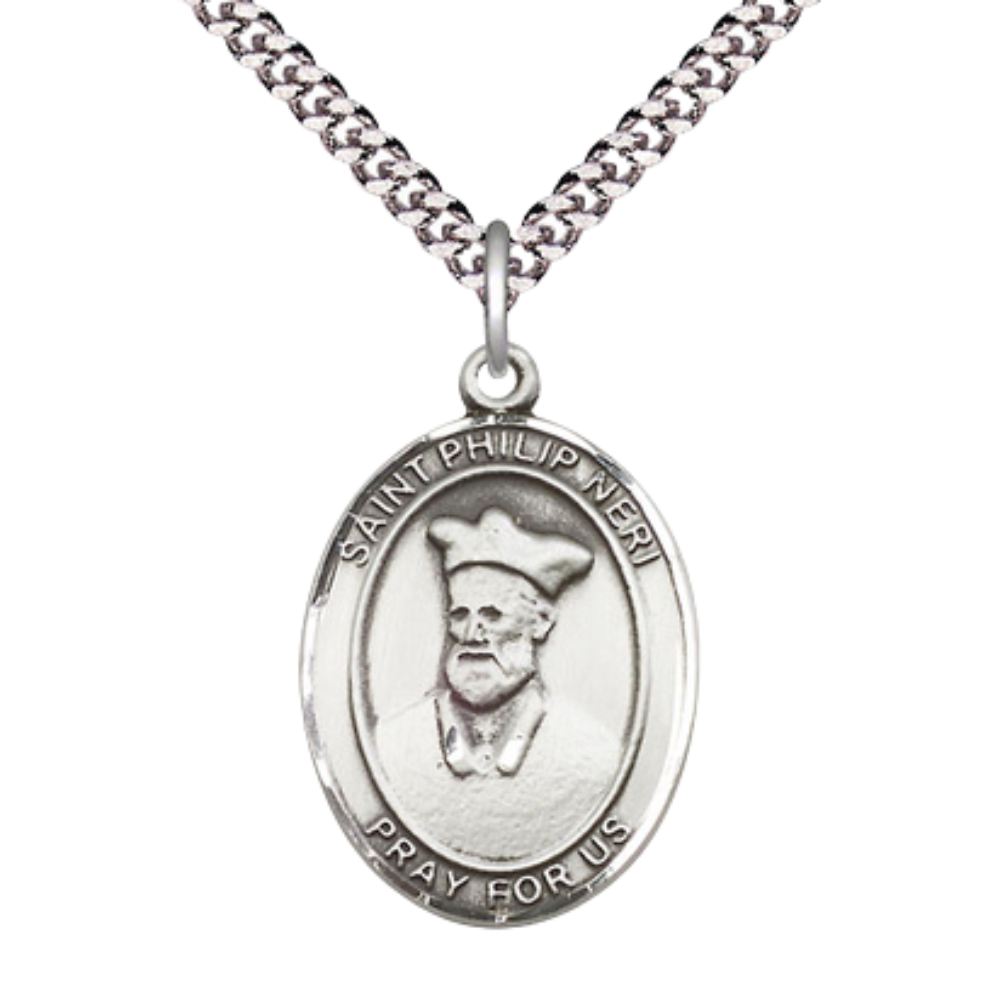 Saint St. Philip Neri Medal Necklace– Men's Pewter Pendant on 24 Inch Light Rhodium Plated Chain – Catholic Patron Saint St. of U.S. Army Special Forces – Velvet Gift Box Included