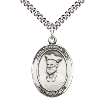 Saint St. Philip Neri Medal Necklace– Men's Pewter Pendant on 24 Inch Light Rhodium Plated Chain – Catholic Patron Saint St. of U.S. Army Special Forces – Velvet Gift Box Included