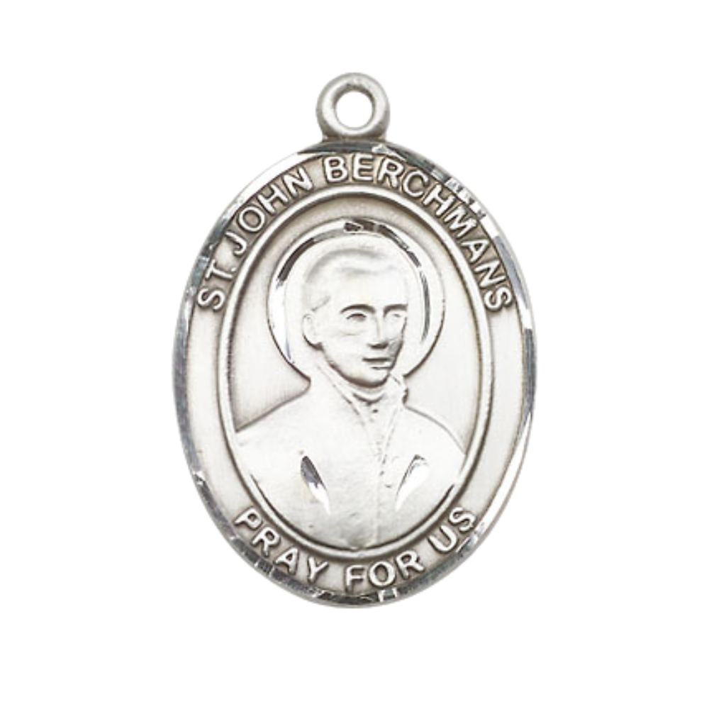 Women's .925 Sterling Silver Patron Saint St. John Berchmans Medal Pendant with 18 Inch Rhodium Plated Lite Curb Brass Chain Catholic Religious Necklace - Made in USA, Deluxe Velvet Gift Box