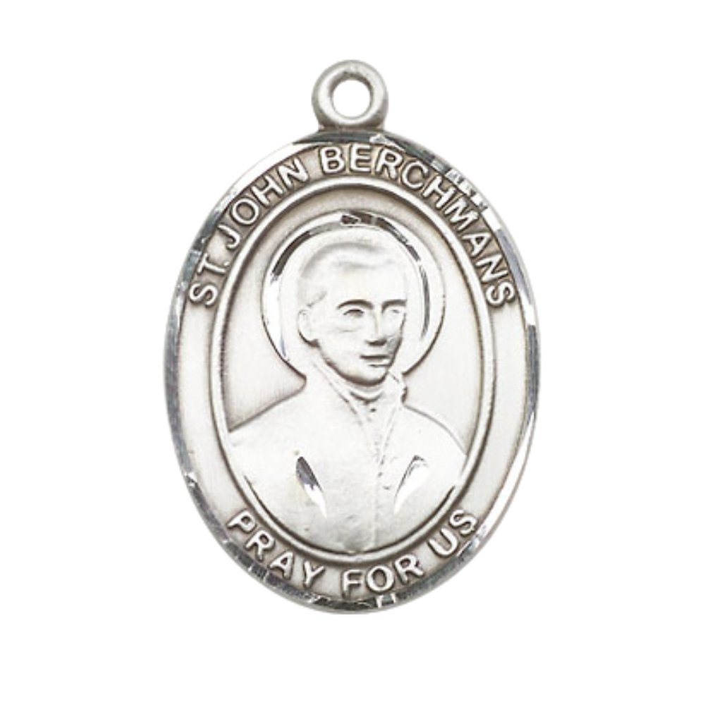 .925 Sterling Silver Saint St. John Berchmans Medal Pendant on 24 Inch Rhodium Plated Heavy Curb Brass Chain with Lobster Claw clasp, Catholic Religious Necklace - Made in USA- Deluxe Velvet Gift Box