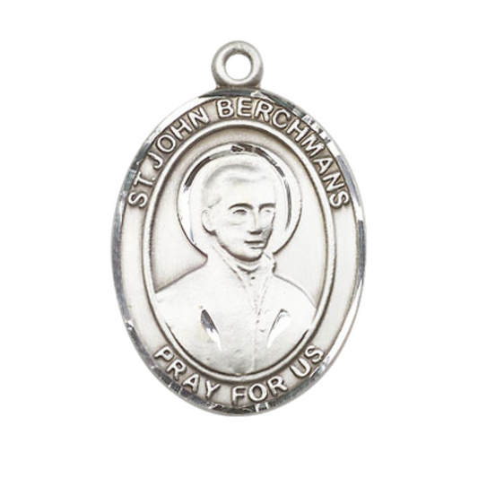 .925 Sterling Silver Saint St. John Berchmans Medal Pendant on 24 Inch Rhodium Plated Heavy Curb Brass Chain with Lobster Claw clasp, Catholic Religious Necklace - Made in USA- Deluxe Velvet Gift Box