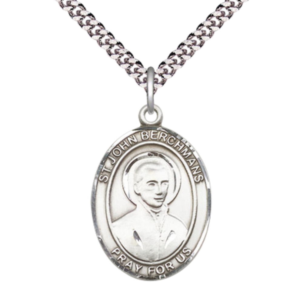 1 x 3/4" Oval Pewter Saint St. John Berchmans Medal Pendant on 24 Inch Rhodium Plated Heavy Curb Brass Chain with Lobster Claw clasp, Catholic Religious Necklace - Made in USA - Deluxe Velvet Gift Box