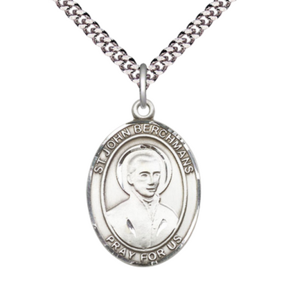 1 x 3/4" Oval Pewter Saint St. John Berchmans Medal Pendant on 24 Inch Rhodium Plated Heavy Curb Brass Chain with Lobster Claw clasp, Catholic Religious Necklace - Made in USA - Deluxe Velvet Gift Box