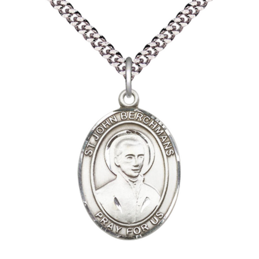 1 x 3/4" Oval Pewter Saint St. John Berchmans Medal Pendant on 24 Inch Rhodium Plated Heavy Curb Brass Chain with Lobster Claw clasp, Catholic Religious Necklace - Made in USA - Deluxe Velvet Gift Box