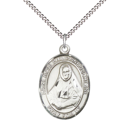 Women's Pewter Saint St. Rose Philippine Medal Pendant on 18 Inch Rhodium Plated Lite Curb Brass Chain with Lobster Claw Clasp, Catholic Religious Necklace - Made in USA- Deluxe Velvet Gift Box