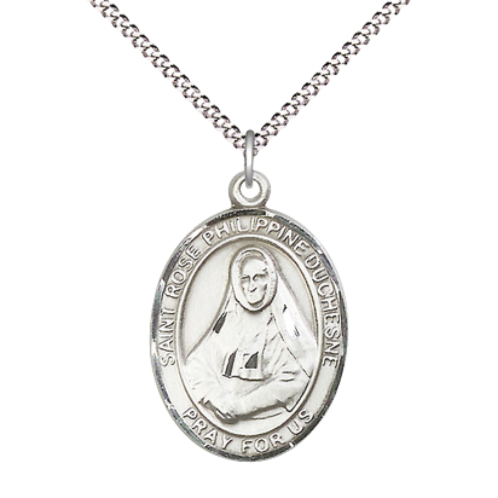 Women's .925 Sterling Silver Saint St. Rose Philippine Medal Pendant on 18 Inch Rhodium Plated Lite Curb Brass Chain w/ Lobster Claw Clasp, Catholic Religious Necklace - Made in USA- Velvet Gift Box