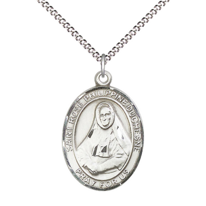 Women's .925 Sterling Silver Saint St. Rose Philippine Medal Pendant on 18 Inch Rhodium Plated Lite Curb Brass Chain w/ Lobster Claw Clasp, Catholic Religious Necklace - Made in USA- Velvet Gift Box