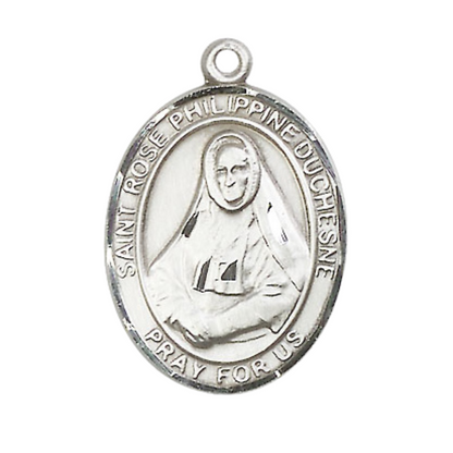 .925 Sterling Silver Saint St. Rose Philippine Medal Pendant on 24 inch Rhodium Plated Heavy Curb Brass Chain with Lobster Claw clasp, Catholic Religious Necklace - Made in USA- Deluxe Velvet Gift Box