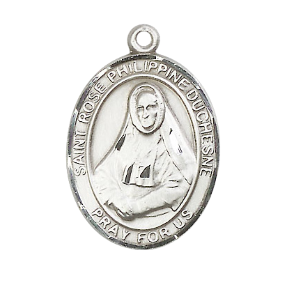 Oval Pewter Saint St. Rose Philippine Medal Pendant on 24 inch Rhodium Plated Heavy Curb Brass Chain with Lobster Claw clasp, Catholic Religious Necklace - Made in USA - Deluxe Velvet Gift Box