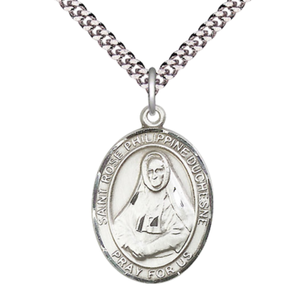 Saint St. Rose Philippine Medal Necklace– Men's .925 Sterling Silver Pendant with 24- Inch Light Rhodium Plated Heavy Curb Chain, Catholic Medal – Velvet Gift Box Included