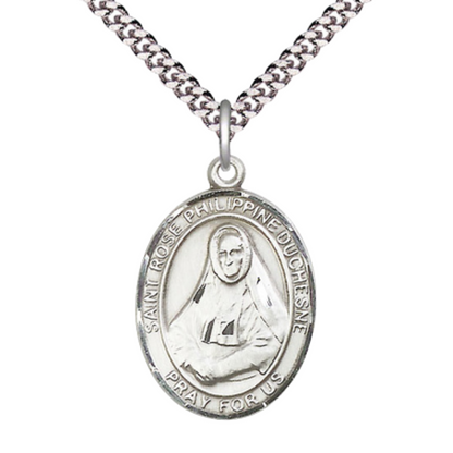 Saint St. Rose Philippine Medal Necklace– Men's .925 Sterling Silver Pendant with 24- Inch Light Rhodium Plated Heavy Curb Chain, Catholic Medal – Velvet Gift Box Included