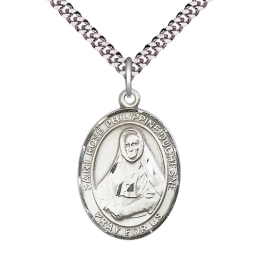 Saint St. Rose Philippine Medal Necklace– Men's .925 Sterling Silver Pendant with 24- Inch Light Rhodium Plated Heavy Curb Chain, Catholic Medal – Velvet Gift Box Included