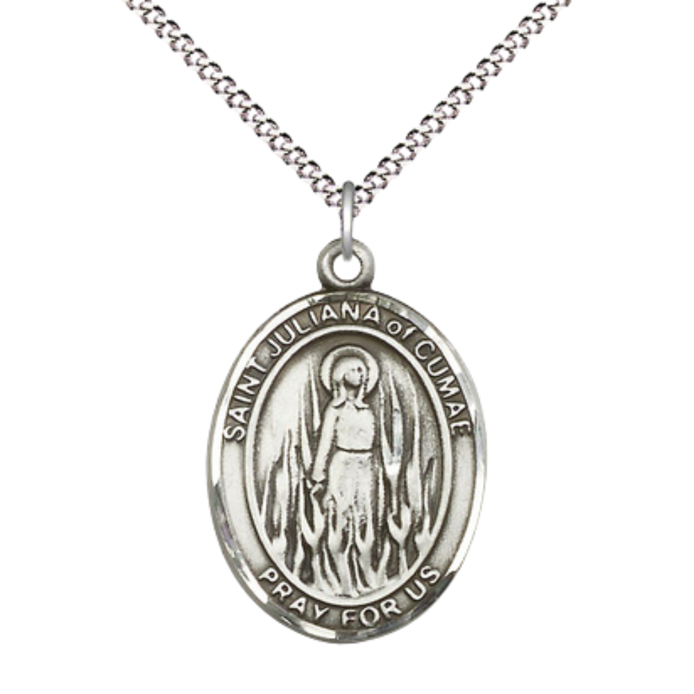 Women's Pewter Saint St. Juliana Medal Pendant on 18 Inch Rhodium Plated Lite Curb Brass Chain with Lobster Claw Clasp, Catholic Religious Necklace - Made in USA- Deluxe Velvet Gift Box