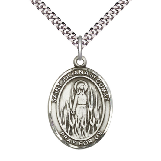 Saint St. Juliana Medal Necklace– Men's Pewter Pendant with 24 - Inch Light Rhodium Plated Chain – Patron Saint St. of Sickness, Catholic Medal – Velvet Gift Box Included