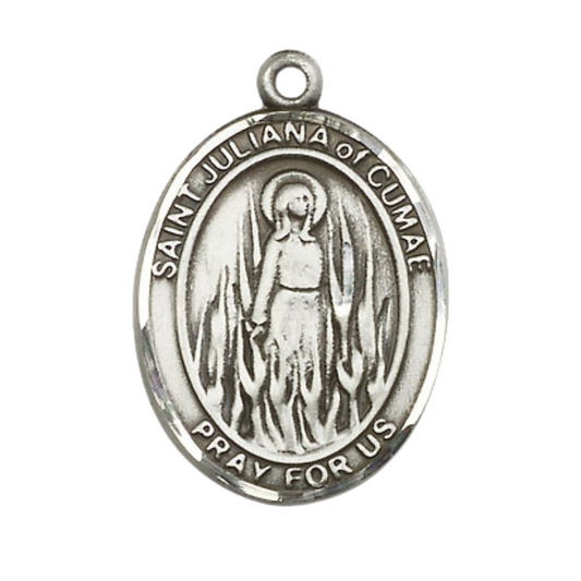 Oval .925 Sterling Silver Saint Juliana Medal Pendant on 24" Rhodium Plated Heavy Curb Brass Chain with Lobster Claw clasp, Catholic Religious Necklace -Made in USA- Deluxe Velvet Gift Box