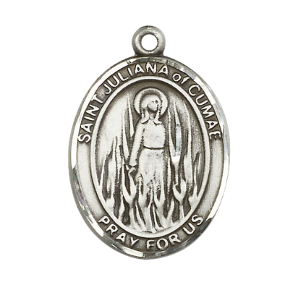 1 x 3/4" Oval Pewter Saint St. Juliana Medal Pendant on 24 inch Rhodium Plated Heavy Curb Brass Chain with Lobster Claw clasp, Catholic Religious Necklace - Made in USA - Deluxe Velvet Gift Box