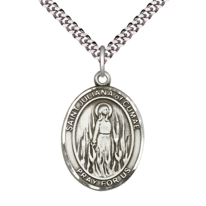 1 x 3/4" Oval Pewter Saint St. Juliana Medal Pendant on 24 inch Rhodium Plated Heavy Curb Brass Chain with Lobster Claw clasp, Catholic Religious Necklace - Made in USA - Deluxe Velvet Gift Box
