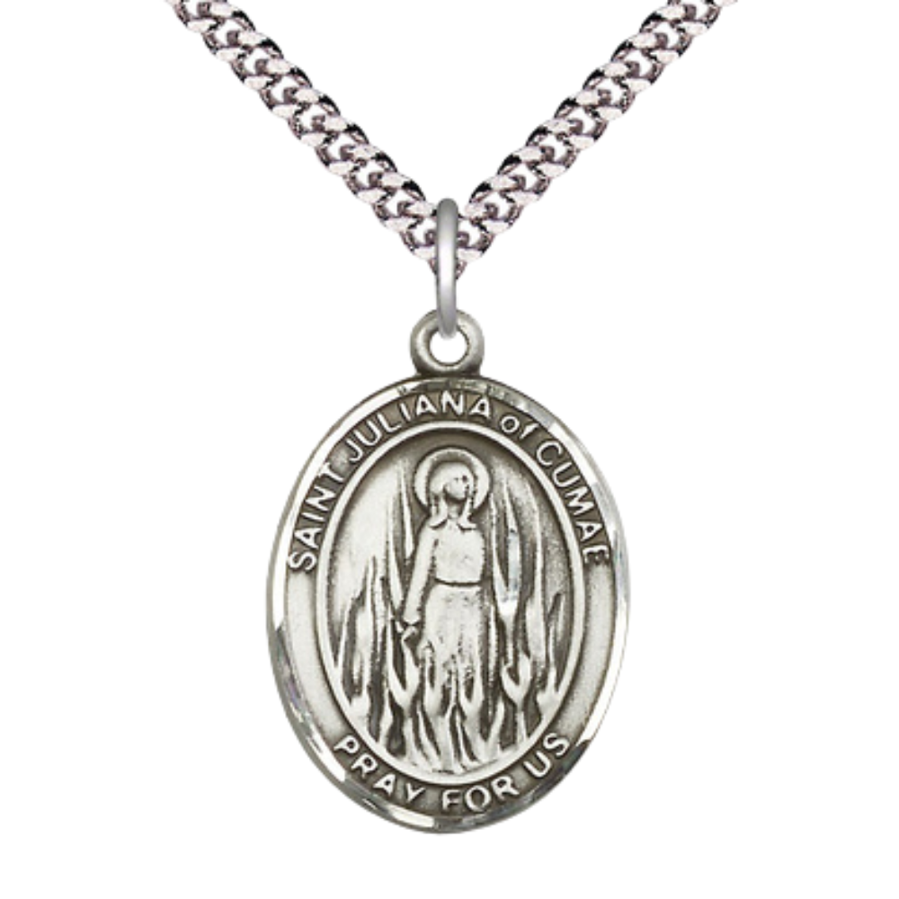 Saint St. Juliana Medal Necklace– Men's .925 Sterling Silver Pendant with 24- Inch Light Rhodium Plated Heavy Curb Chain – Patron Saint St. of Sickness, Catholic Medal – Velvet Gift Box Included