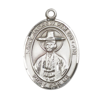 Women's Pewter Saint St. Andrew Kim Taegon Medal Pendant on 18 Inch Rhodium Plated Lite Curb Brass Chain with Lobster Claw Clasp, Catholic Religious Necklace - Made in USA- Deluxe Velvet Gift Box