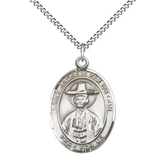 Women's Pewter Saint St. Andrew Kim Taegon Medal Pendant on 18 Inch Rhodium Plated Lite Curb Brass Chain with Lobster Claw Clasp, Catholic Religious Necklace - Made in USA- Deluxe Velvet Gift Box