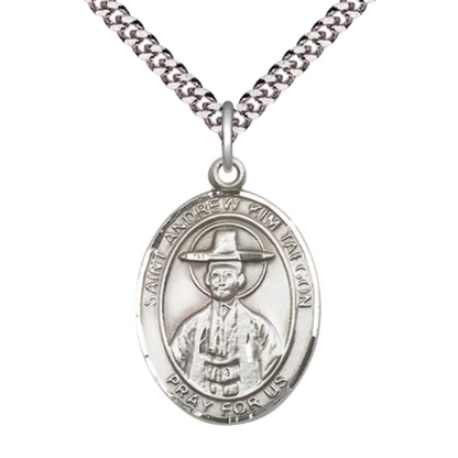 Saint St. Andrew Kim Taegon Medal Necklace– Men's .925 Sterling Silver Pendant with 24- Inch Light Rhodium Plated Heavy Curb Chain – Patron Saint St. of Korean Clergy, Catholic Medal – Velvet Gift Box Included