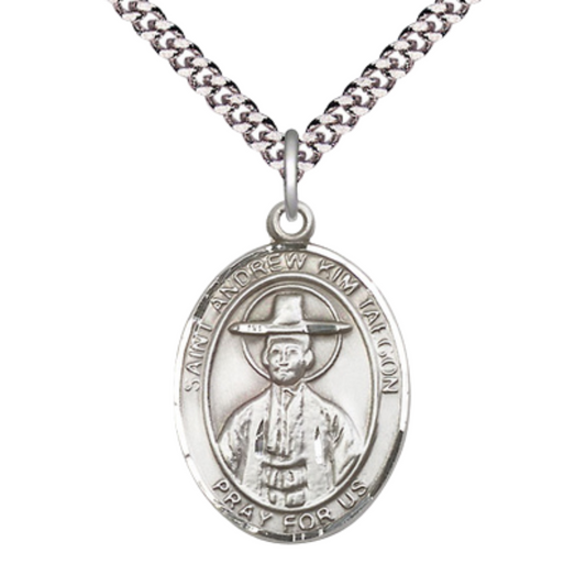 Saint St. Andrew Kim Taegon Medal Necklace– Men's .925 Sterling Silver Pendant with 24- Inch Light Rhodium Plated Heavy Curb Chain – Patron Saint St. of Korean Clergy, Catholic Medal – Velvet Gift Box Included