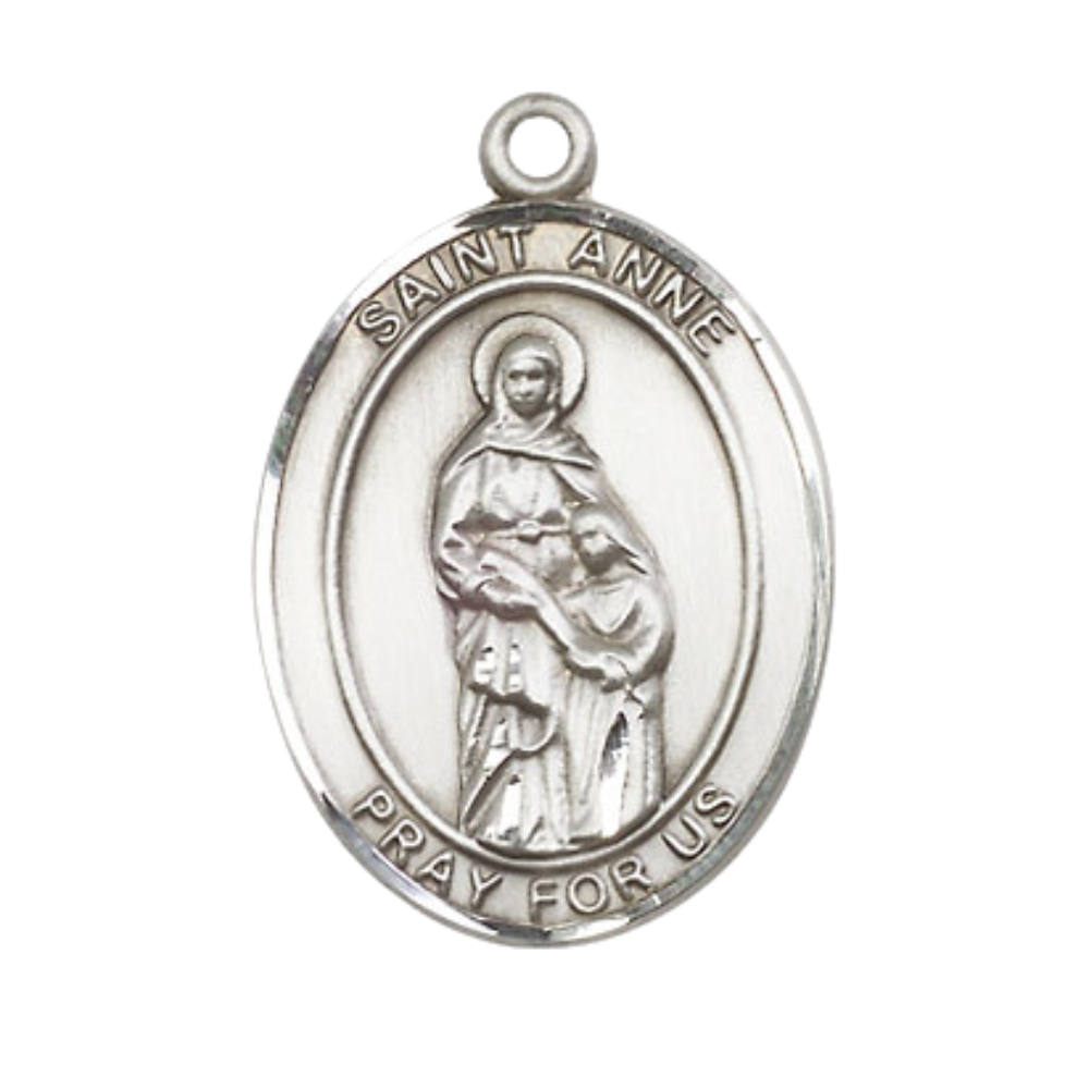 Women's Pewter Saint St. Anne Medal Pendant on 18 Inch Rhodium Plated Lite Curb Brass Chain with Lobster Claw Clasp, Catholic Religious Necklace - Made in USA- Deluxe Velvet Gift Box