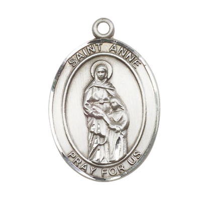 Women's Pewter Saint St. Anne Medal Pendant on 18 Inch Rhodium Plated Lite Curb Brass Chain with Lobster Claw Clasp, Catholic Religious Necklace - Made in USA- Deluxe Velvet Gift Box