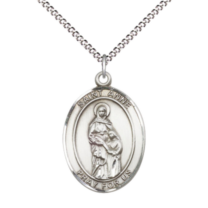 Women's .925 Sterling Silver Saint St. Anne Medal Pendant on 18 Inch Rhodium Plated Lite Curb Brass Chain with Lobster Claw Clasp, Catholic Religious Necklace - Made in USA- Deluxe Velvet Gift Box