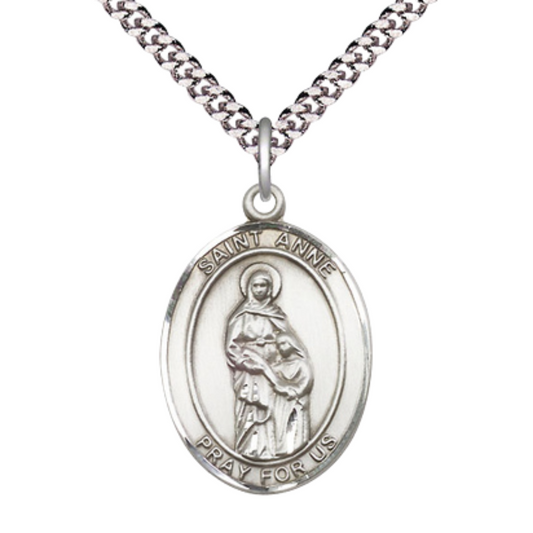 1 x 3/4" Oval Pewter Saint St. Anne Medal Pendant on 24 inch Rhodium Plated Heavy Curb Brass Chain with Lobster Claw clasp, Catholic Religious Necklace - Made in USA- Deluxe Velvet Gift Box