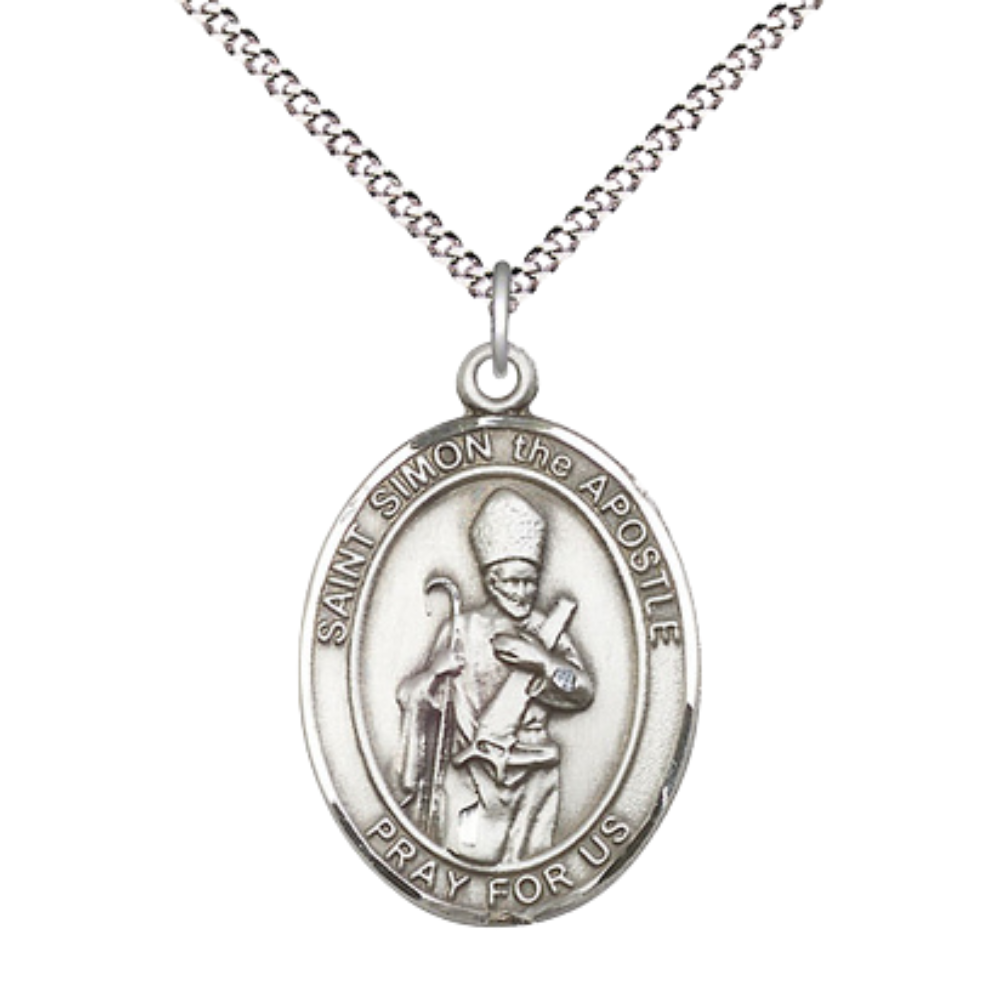 Women's Pewter Saint St. Simon Medal Pendant on 18 Inch Rhodium Plated Lite Curb Brass Chain with Lobster Claw Clasp, Catholic Religious Necklace - Made in USA- Deluxe Velvet Gift Box