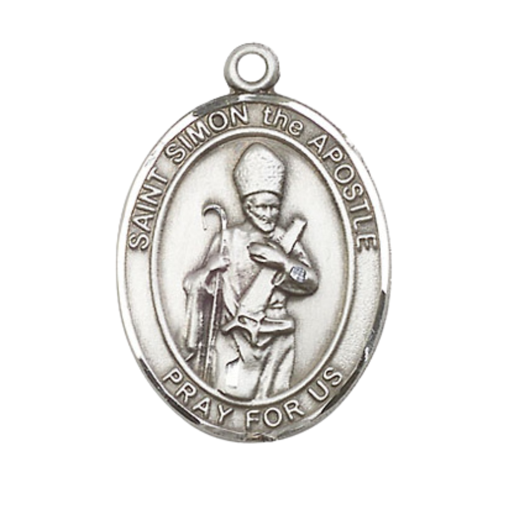 1 x 3/4" Oval Pewter Saint St. Simon Medal Pendant on 24 inch Rhodium Plated Heavy Curb Brass Chain with Lobster Claw clasp, Catholic Religious Necklace - Made in USA - Deluxe Velvet Gift Box