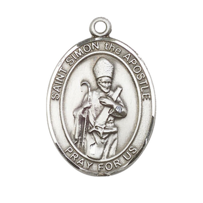 Saint Simon Medal Necklace– Men's Sterling Silver Pendant with 24-Inch Light Rhodium Plated Heavy Curb Chain – Patron Saint of Curriers & Sawmen – Velvet Gift Box Included