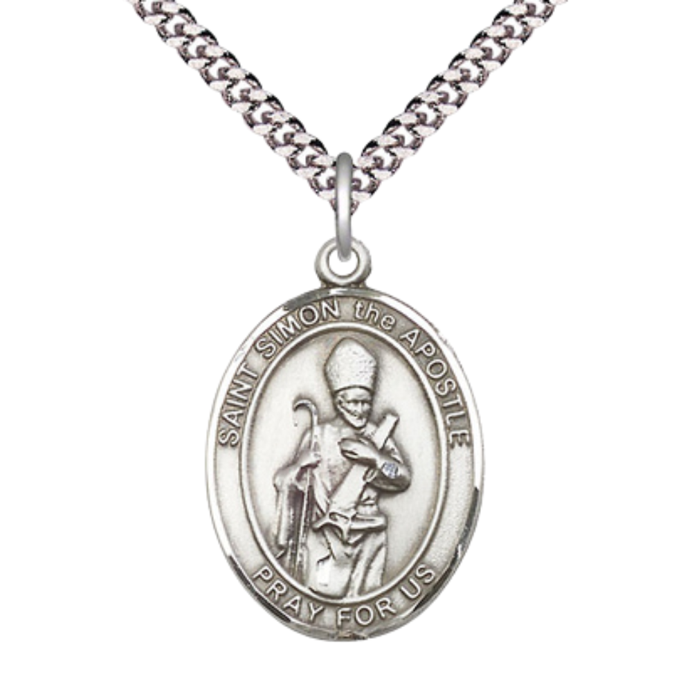 Saint Simon Medal Necklace– Men's Sterling Silver Pendant with 24-Inch Light Rhodium Plated Heavy Curb Chain – Patron Saint of Curriers & Sawmen – Velvet Gift Box Included