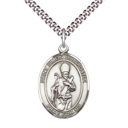 Saint Simon Medal Necklace– Men's Sterling Silver Pendant with 24-Inch Light Rhodium Plated Heavy Curb Chain – Patron Saint of Curriers & Sawmen – Velvet Gift Box Included