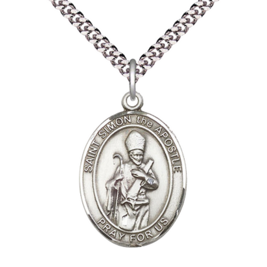 1 x 3/4" Oval Pewter Saint St. Simon Medal Pendant on 24 inch Rhodium Plated Heavy Curb Brass Chain with Lobster Claw clasp, Catholic Religious Necklace - Made in USA - Deluxe Velvet Gift Box
