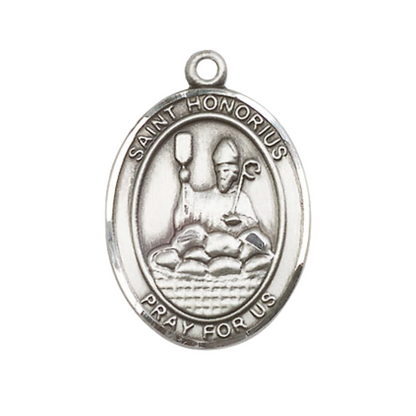 Women's .925 Sterling Silver Saint St. Honorius Medal Pendant on 18 Inch Rhodium Plated Lite Curb Brass Chain with Lobster Claw Clasp, Catholic Religious Necklace - Made in USA- Deluxe Velvet Gift Box