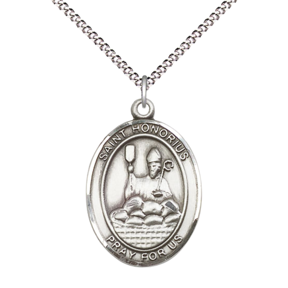 Women's .925 Sterling Silver Saint St. Honorius Medal Pendant on 18 Inch Rhodium Plated Lite Curb Brass Chain with Lobster Claw Clasp, Catholic Religious Necklace - Made in USA- Deluxe Velvet Gift Box