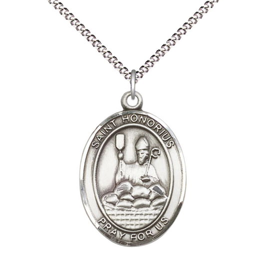 Women's Pewter Saint St. Honorius Medal Pendant on 18 Inch Rhodium Plated Lite Curb Brass Chain with Lobster Claw Clasp, Catholic Religious Necklace - Made in USA- Deluxe Velvet Gift Box