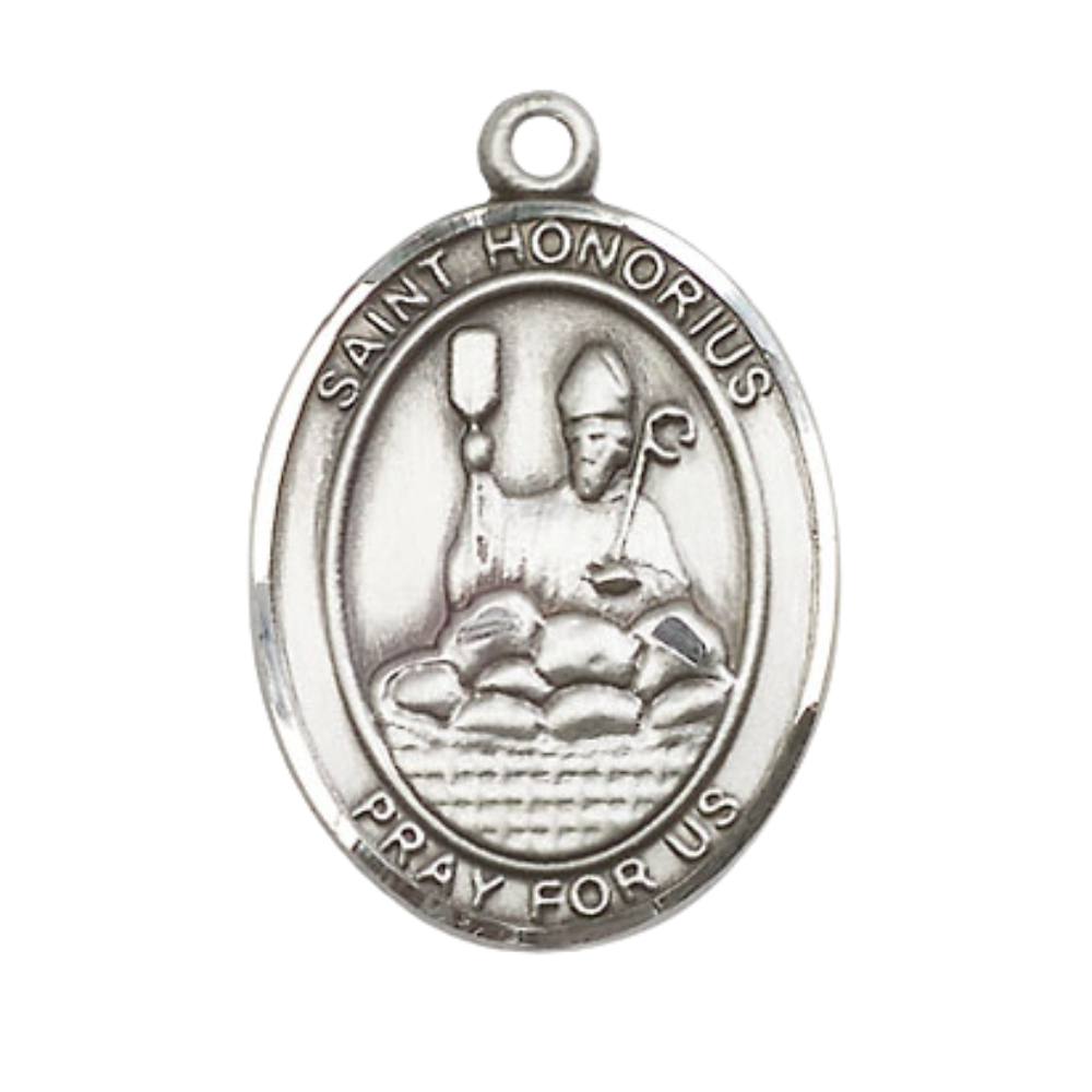 1 x 3/4" Oval Pewter Saint St. Honorius Medal Pendant on 24 inch Rhodium Plated Heavy Curb Brass Chain with Lobster Claw clasp, Catholic Religious Necklace - Made in USA- Deluxe Velvet Gift Box