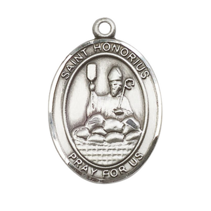 1 x 3/4" Oval Pewter Saint St. Honorius Medal Pendant on 24 inch Rhodium Plated Heavy Curb Brass Chain with Lobster Claw clasp, Catholic Religious Necklace - Made in USA- Deluxe Velvet Gift Box