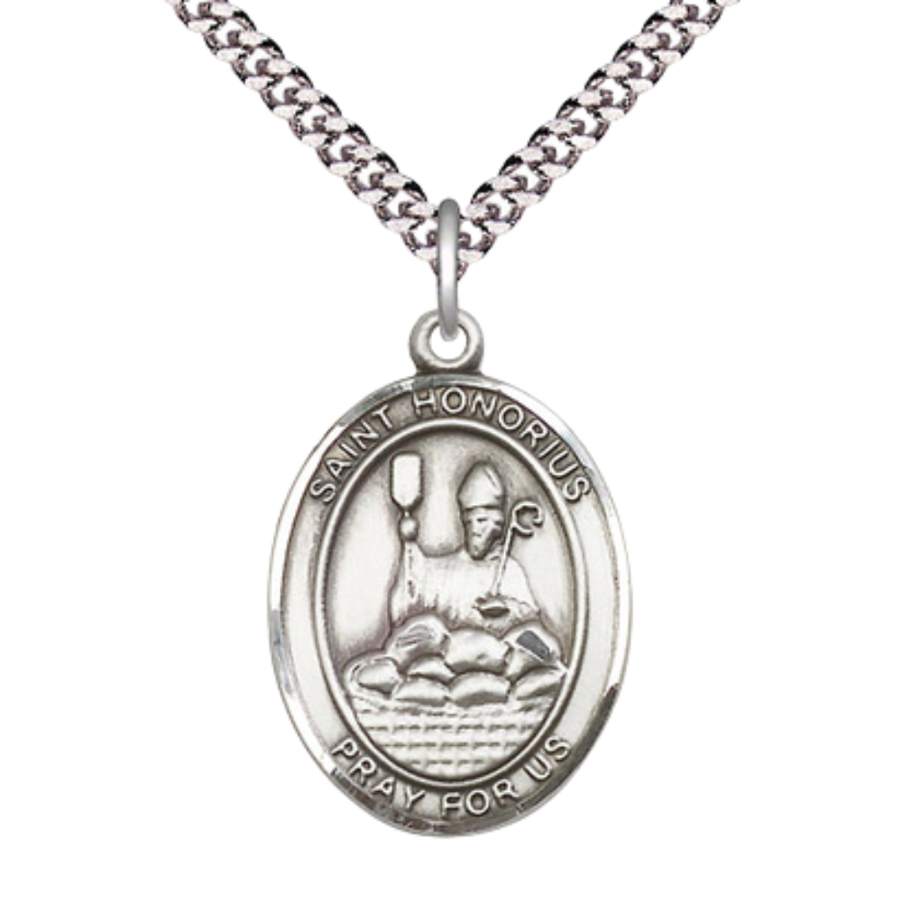 1 x 3/4" Oval Pewter Saint St. Honorius Medal Pendant on 24 inch Rhodium Plated Heavy Curb Brass Chain with Lobster Claw clasp, Catholic Religious Necklace - Made in USA- Deluxe Velvet Gift Box