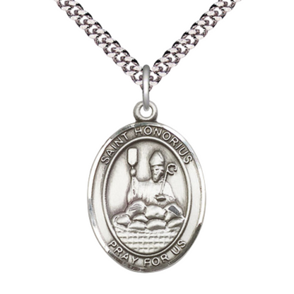 1 x 3/4" Oval Pewter Saint St. Honorius Medal Pendant on 24 inch Rhodium Plated Heavy Curb Brass Chain with Lobster Claw clasp, Catholic Religious Necklace - Made in USA- Deluxe Velvet Gift Box